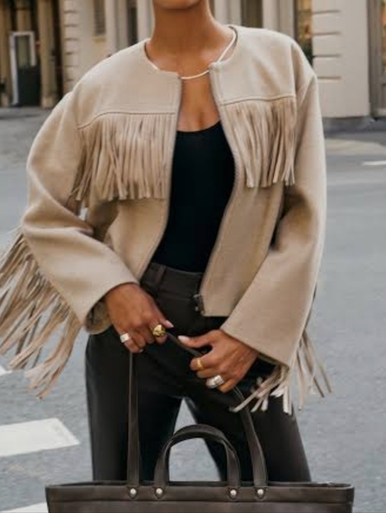 RM Rebecca Minkoff Jackets & Blazers - RM Rebecca Minkoff Taupe Fringe Zip-Front Jacket